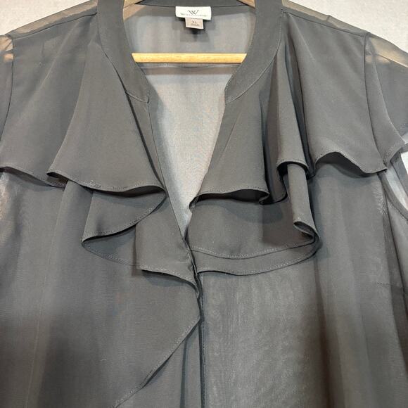 Worthington Black Ruffle Sheer Blouse Top XL Romantic Soft Goth Minimalist - Picture 3 of 7